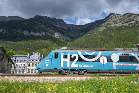 FCH2Rail CAF Civia hydrogen-battery multiple-unit at Canfranc