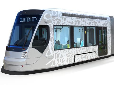 Impression of Siemens Avenio tram for the Education City light rail project in Qatar.