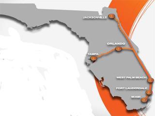 All Aboard Florida railway project route map.