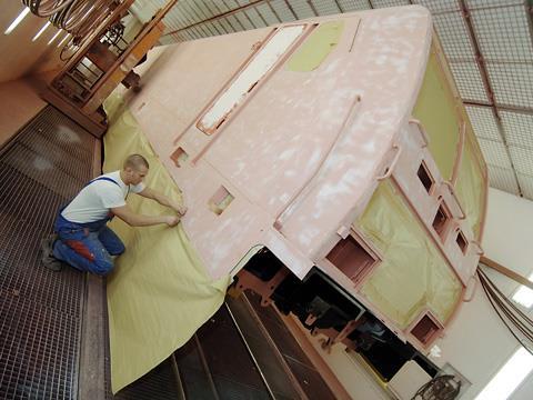 Bombardier Traxx locomotive in the paint shop.