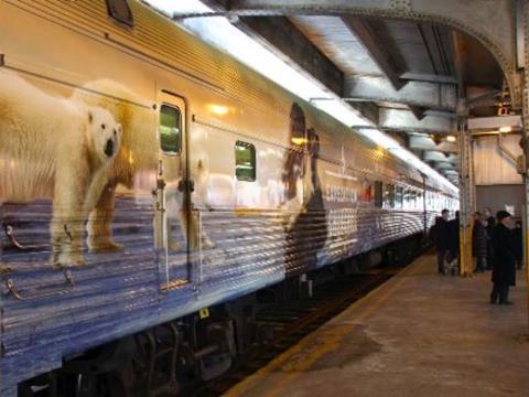 The dining car on VIA's first train has been themed to promote the University of Manitoba's Expedition Churchill research project. (Photo: Arctic Gateway Group)