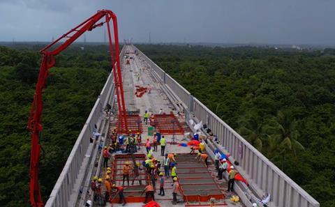 Construction of ballastless reinforced concrete trackbed is underway at Surat on the Mumbai – Ahmedabad high speed line