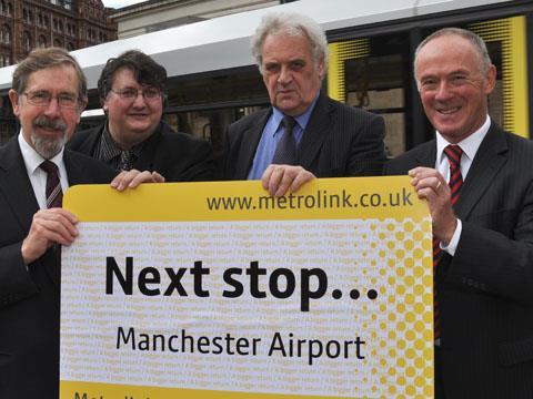 Greater Manchester Integrated Transport Authority councillors (from left) Andrew Fender, Keith Whitmore and Ian Macdonald celebrate the green light for the Metrolink phase 3b extensions with Sir Richard Leese, Leader of Manchester City Council (right).