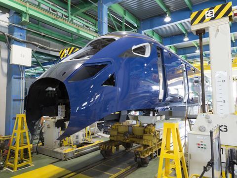 The first bodyshell for the fleet of five Hitachi AT300 electro-diesel trainsets ordered by open access operator Hull Trains has been completed at the manufacturer’s factory at Kasado in Japan.