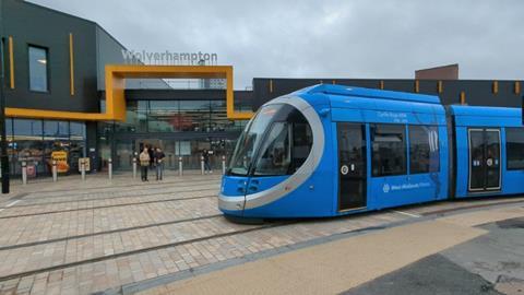 West Midland Metro tram at Wolverhampton station (Photo Midland Metro Alliance)