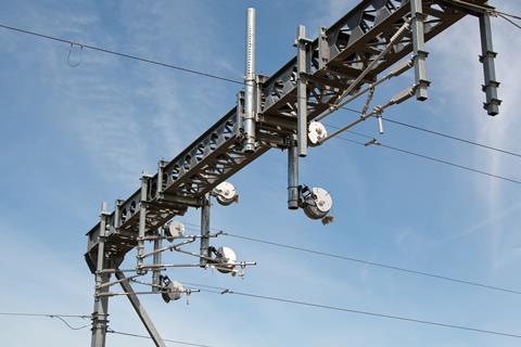 Transpennine Route Upgrade first wired section E1 Wires ending at automatic tensioning devices (Photo Tony Miles)