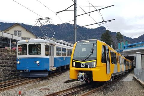 Stadler trainset for the Tyne & Wear Metro under Furrer+Frey overhead equipment on the Rigi Bahn in Switzerland