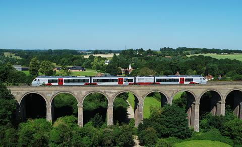 Greater Anglia Stadler Flirt on Chappel Viaduct (Photo Stadler)
