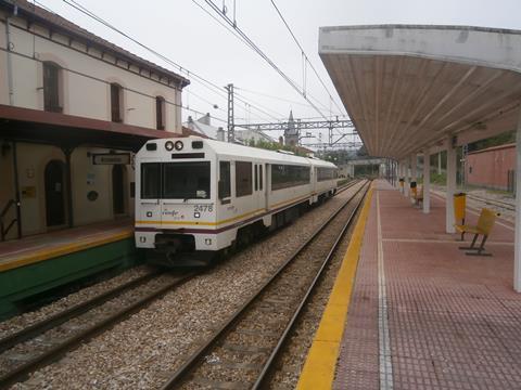 RENFE metre gauge Class 2400 DMU at Arriondas on an Oviedo to Santander service (Photo: Mike Bent).