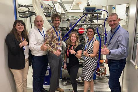 Kari Gonzales (centre) and members of the Ricardo team visit the H2ICE test cell at Ricardo’s Shoreham Technical Centre in the UK.