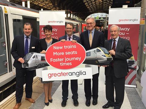 Greater Anglia Managing Director Jamie Burles was joined by Rail Minister Paul Maynard (centre) and Mark Pendlington of the New Anglia Local Enterprise Partnership (second from right) to launch the nine-year franchise on October 17.