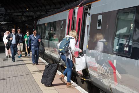 Passengers board southbound XC Voyager at Newcastle upon Tyne station