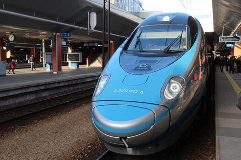 A Class ED250 Pendolino waits to leave Kraków with a through EIP service to Warszawa, Gdansk and Gdynia.