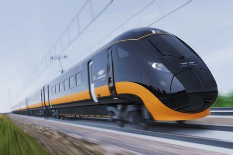 Impression of Hitachi tri-mode train with Grand Central livery