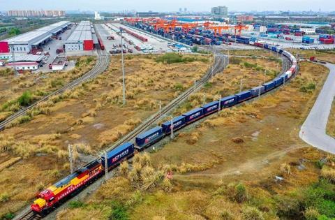 cn China-Europe (Chengdu) Railway Express freight train departs Chengdu International Railway Port for Europe