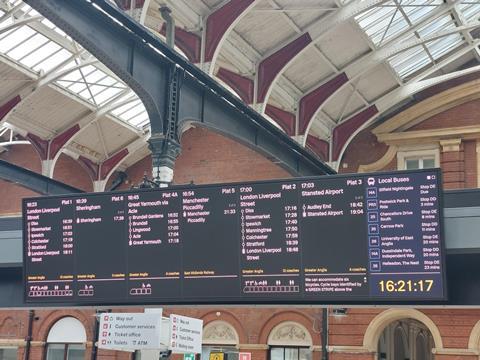 Norwich station passenger information screen (Photo Greater Anglia)