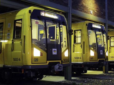 Berlin U-Bahn trains in depot.