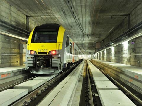 An SNCB Desiro EMU passes through the Schuman - Josaphat tunnel. Photo: Infrabel/Bart van Tricht