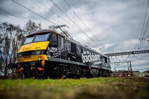 DB Cargo UK Class 90 in I am the backbone of the economy livery