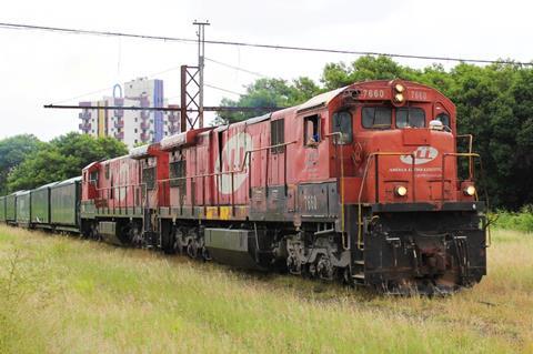 A freight train operated by Rumo passing through Sorocaba in São Paulo state.