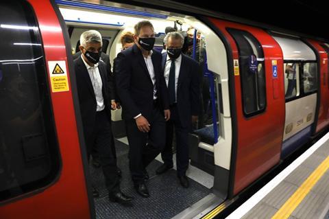 Mayor and Secretary of State alight from train (Photo: TfL)