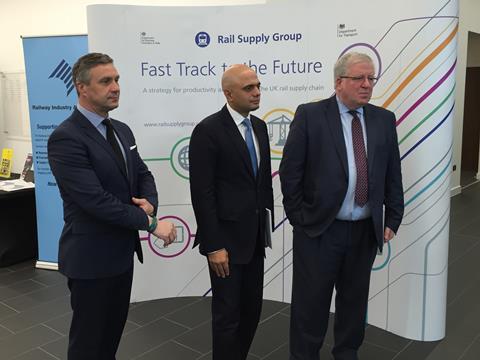 RSG's Industry Co-chair Terence Watson (left) was joined by Business Secreary Sajid Javid and Transport Secretary Patrick McLoughlin to launch the rail supply strategy at the Advanced Manufacturing Training Centre in Coventry on February 1.