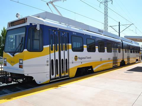 Urban Transportation Development Corp light rail vehicle refurbished by Siemens for Sacramento Regional Transit District.