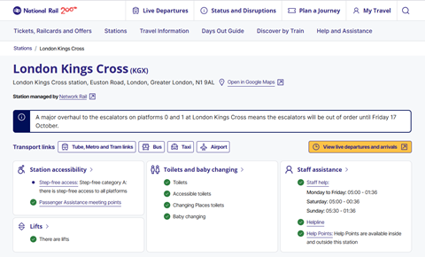 Screenshot of London King's Cross station information page