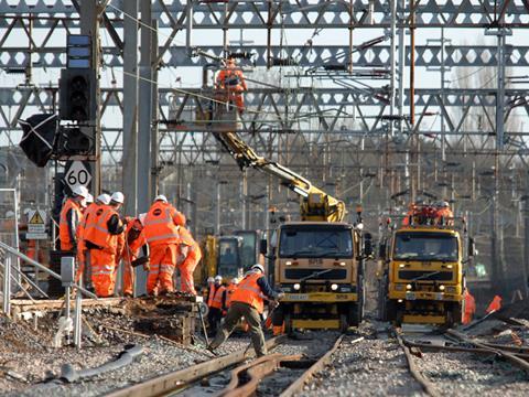 Electrification renewal works (Photo: Network Rail).