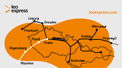 Map of Leo Express trains to Munich_high