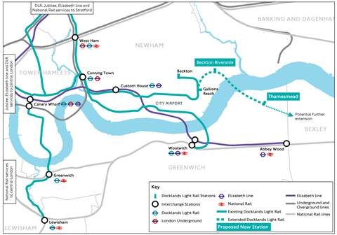 Map of proposed Docklands Light Railway extension to Thamesmead