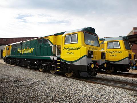 GE Transportation PowerHaul locomotives in Freightliner livery.