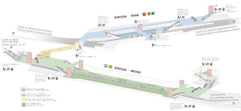 Fig 1. The new Toots Thielemans station (green) is being built at some distance from the existing tram subway at Lemonnier (blue), linked by a connecting pedestrian walkway (yellow). (Image: STIB)