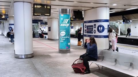 Photomontage of Pluvo air cleaning unit on Birmingham New Street platform