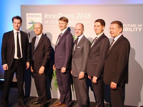 Messe Berlin CEO Christian Göke was joined for the launch of InnoTrans 2018 by representatives from German and international industry associations.