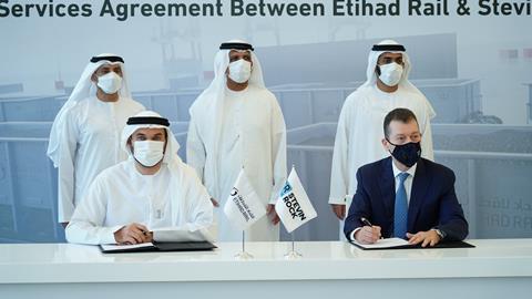 An agreement for the transport of construction materials from Ras Al Khaimah to Abu Dhabi was signed by Etihad Rail and quarrying company Stevin Rock on April 1.