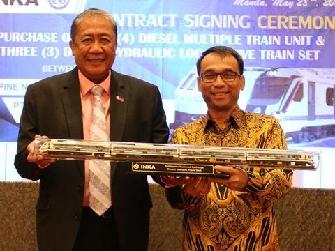 A US$47·4m contract for Indonesian rolling stock manufacturer PT INKA to supply four diesel multiple-units and three push-pull trainsets was signed by Philippine National Railways on May 28.