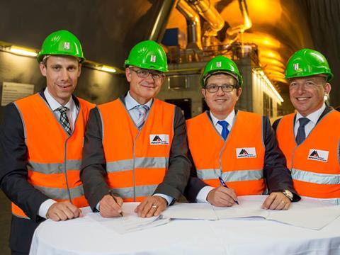 An extension of SBB Cargo’s contract to haul transit freight trains on behalf of DB Schenker was signed inside the Gotthard base tunnel on September 25 (Photo: SBB Cargo).
