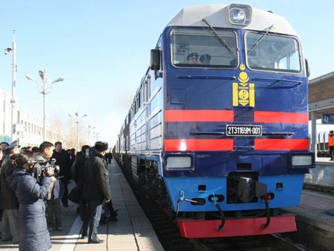 Transmash Holding 2TE116UM twin-section diesel freight locomotive in Mongolia.