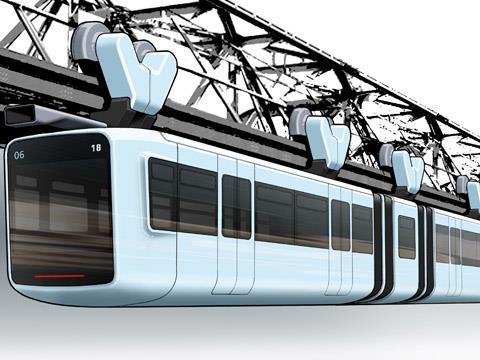 Picture of new Vossloh train for the Wuppertal schwebebahn monorail in Germany.