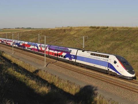 Instrumented EuroDuplex TGV 744 has been decked out in a special livery for the test programme which began on September 28. Photo: Christophe Masse.