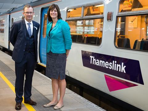 GTR Chief Executive Charles Horton and UK Rail Minister Claire Perry inspect a Thameslink liveried EMU at London Blackfriars. Photo: Tony Miles