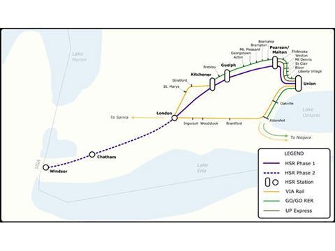 Map of the proposed Toronto - Guelph - Kitchener-Waterloo - London - Chatham - Windsor high speed rail project.