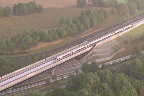 HS2 impression of line with Small Dean viaduct and Wendover Green South Tunnel portal