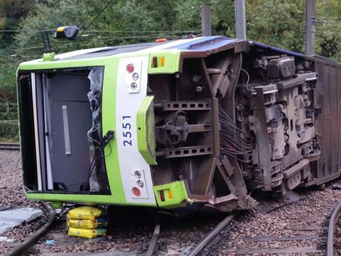 Derailed Croydon tram near Sandilands (Photo: RAIB).