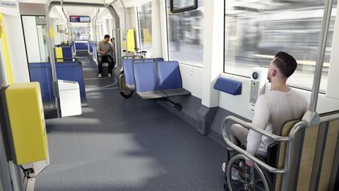 Rostock Stadler TINA tram interior impression and wheelchair user