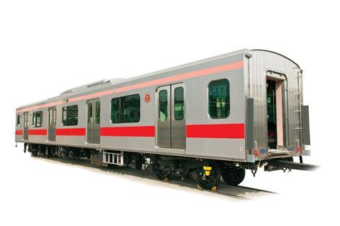 The prototype Sustina EMU car is on test in revenue service in Tokyo.