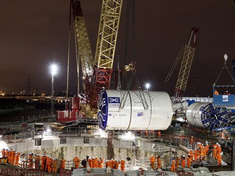 The 550 tonne Crossrail tunnel boring machine was lowered into a 40 m deep shaft in east London on October 25.