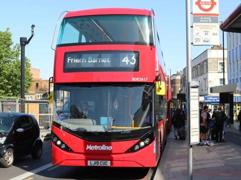 Five Enviro400EV electric double-decker buses are in service on Route 43 in London.