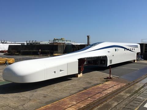 The latest design of prototype Series L0 maglev vehicles for the Chūō Shinkansen line has been unveiled by JR Central at Hitachi’s Kasado works in Kudamatsu.